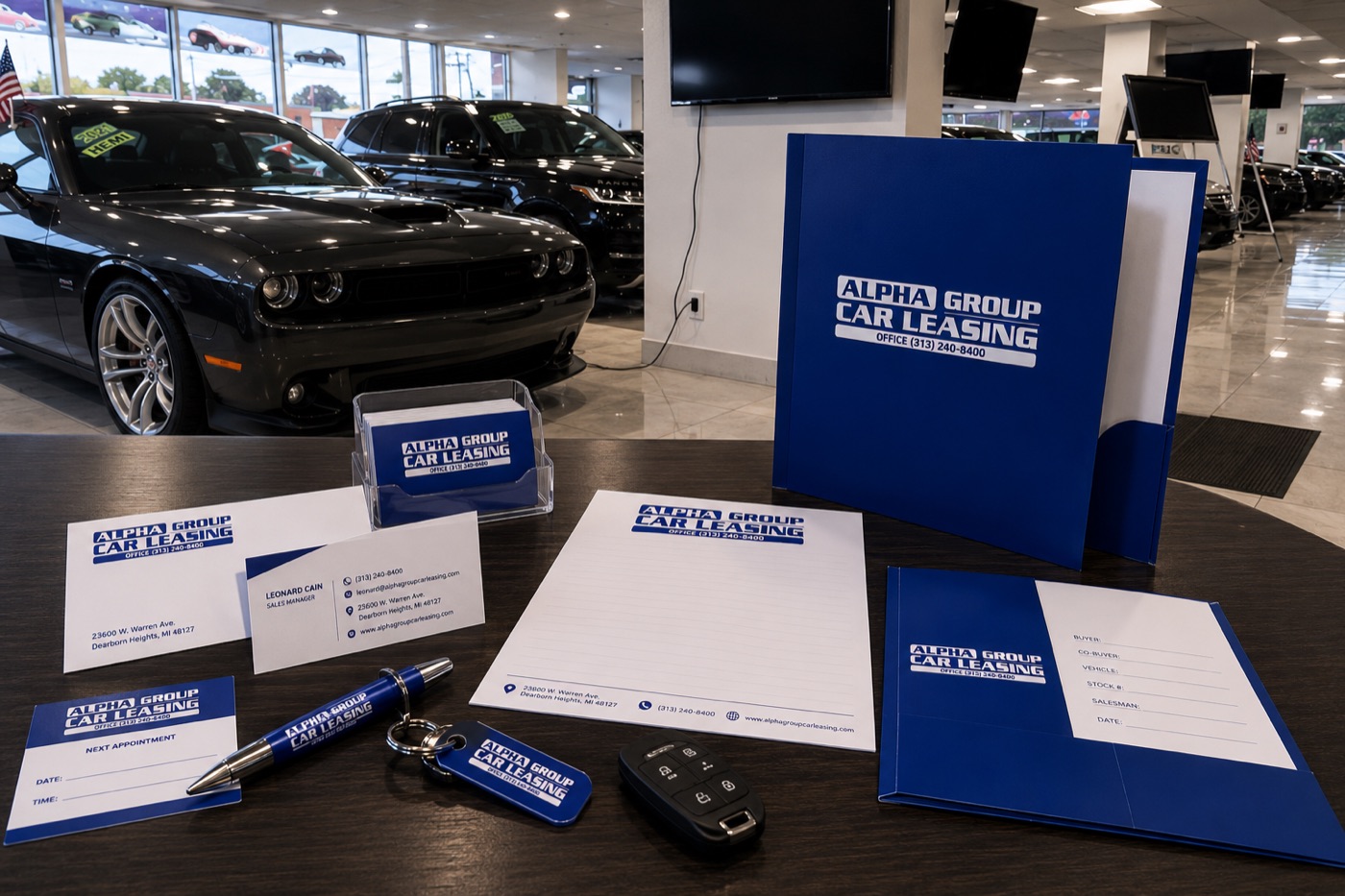 Alpha Group Car Leasing branded business materials — folders, business cards, letterhead, and notepads